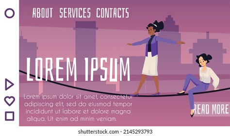 Two woman walking on tightrope, rope, vector flat illustrations. A person walks on a rope, maintaining balance. A business woman goes to success despite the risks and stress.