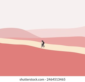 Two woman walking in public park with pink mountain on minimal background enjoying calm nature, solitude. Healthy lifestyle during vacation.