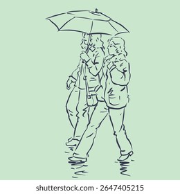 Duas mulheres andando com guarda-chuva vetor para cartão, decoração, ilustração