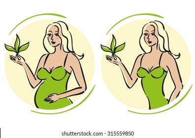Two woman wearing in green dresses, one of them is pregnant. They hold in the right hand three green leaves. Vector illustration.