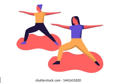 Two woman in yoga poses. Women doing yoga. Warrior two pose. Flat modern vector illustration.