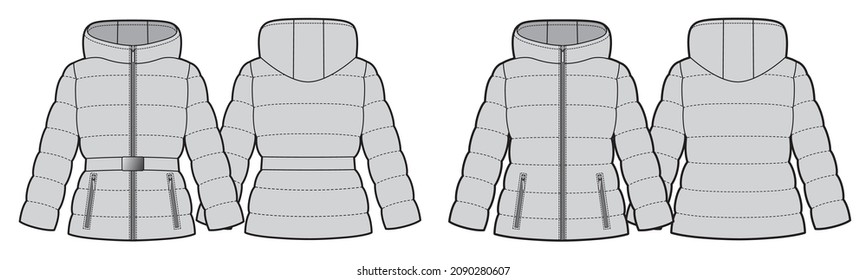 Two womans down jackets. Fitted silhouette with and without belt