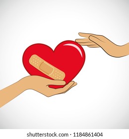 two womans hands hold a red broken heart with adhesive plaster vector illustration EPS10