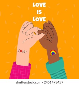 Dos mujeres cogiéndose de las manos. El amor es amor. Orgullo mes Anuncio. Comunidad LGBT.