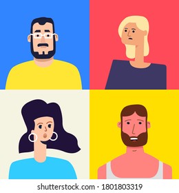 Two womans and two mans. Concept communication. Smiling people. Pack avatar. Vector flat Illustration. Cartoon style.