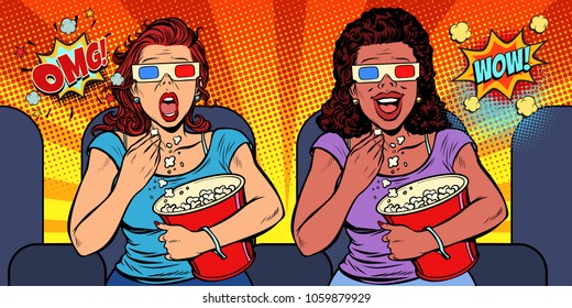 Two women with 3D glasses react differently to the movie. laughs and fears. Fast food in the cinema hall. Pop art retro vector illustration comic cartoon vintage kitsch