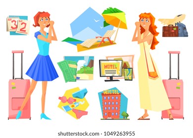 Two women in anticipation of vacation. Planning summer holiday. Calendar, beach accessories, luggage, airplane, hotel, resort, chaise longue. Cartoon flat vector set