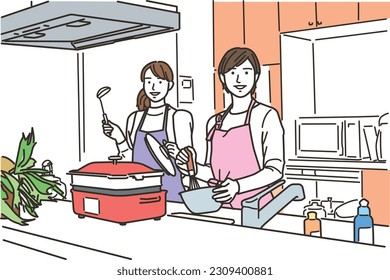 Two women in aprons cooking in the kitchen
