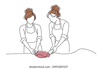 Dos mujeres en delantales amasando masa en una cocina brillante doodle línea continua Ilustración vectorial de arte.