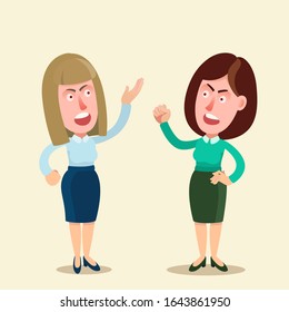 Two women are arguing and fighting. Women conflict, quarreling, brawling and disagreement. People shouting at each other and show fists. Vector illustration, flat design cartoon style, isolated.