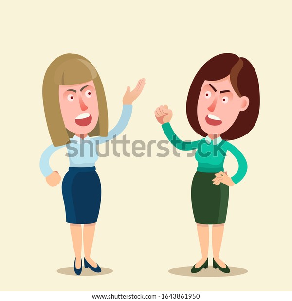 2人の女性が議論し 戦っている 女は争い けんか けんか 口論 人々は怒鳴り合い 拳を見せ合う ベクターイラスト フラットデザインの漫画スタイル 分離型 のベクター画像素材 ロイヤリティフリー