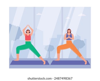 Two women attending a yoga class, starting a healthy lifestyle. Character design. Vector flat illustration