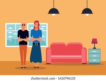 two women avatar cartoon character redhead and blond with sunglasses indoor in house background vector illustration graphic design