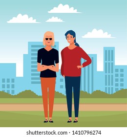 two women avatar cartoon character blue hair girl and blond with sunglasses in the grass with cityscape vector illustration graphic design