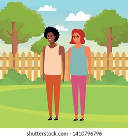 two women avatar cartoon character afroamerican and redhead with glasses outdoor in the backyard vector illustration graphic design