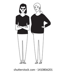 two women avatar cartoon character with fashion casual clothes vector illustration graphic design