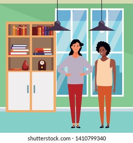 Two women avatar cartoon characters.  Dark haired and Afro American girl indoor in house background.  Vector illustration graphic design