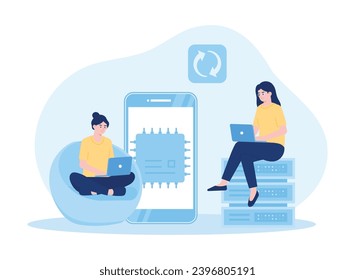 two women backing up database via laptop trending concept flat illustration