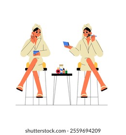 Two Women in Bathrobes Applying Makeup and Skincare Products in Flat Vector Illustration Symbolizing Beauty Routine, Self Care, and Makeup Tutorials, Isolated on White Background