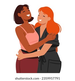 Two Women, Beaming With Joy, Embrace In A Warm, Friendly Hug, Their Laughter Echoing Their Deep Bond And Cherished Friendship. Characters Feel Positive Emotions. Cartoon People Vector Illustration