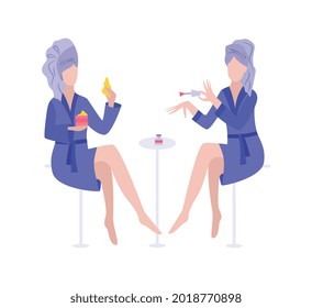 Two women at beauty salon doing SPA procedures- girls applying skincare face mask and nail polish sitting on chairs in robe and towel. Flat isolated vector illustration