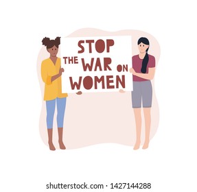 Two women belonging to different races hold one poster with text "Stop the war on women". Illustration of protest against abortion law in modern flat style.