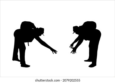 Two women bent down and help each other to raise, lower, take, transfer something. Black female silhouette isolated on white background. Woman in a cap, with a backpack on her back. Side view, profile