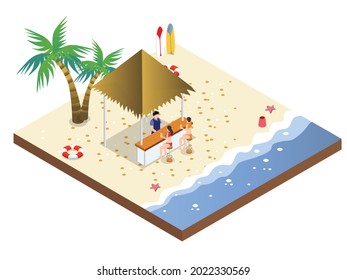 Two women in bikini sitting at the beach bar while ordering drinks. isometric vector concept