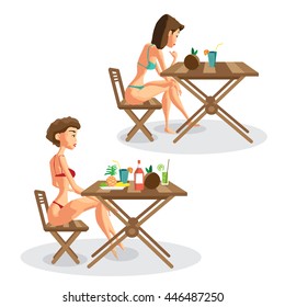 Two women in bikini sitting at a table with fruits and drinks on the beach. Isolated flat cartoon illustration