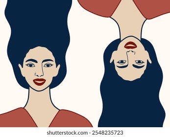 Two women with blue hair in red sweaters. Beauty, style, fashion. Vector illustration