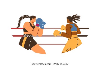 Two women boxers fighting on the ring flat vector illustration. Battle sports game competition, professional multicultural sports girls in sportswear isolated in frame. Wrestling match