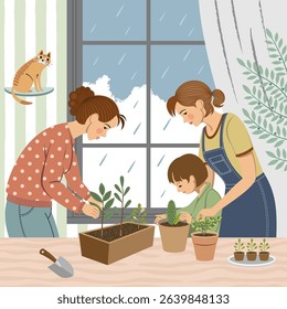 Two women and a boy are planting indoor plants on a table near a window. One woman is holding seedlings, while the other helps the boy plant a cactus in a pot. It’s raining outside the window,