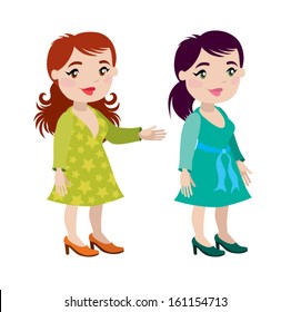 two women in bright colored dresses