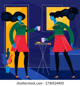 Dos mujeres en un interior brillante tomando café hablando y descansando. Ilustración de vectores en estilo plano brillante y moderno