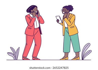 Two women in business attire express shock and joy, one on a phone call and the other reading from a tablet, against a clean white background.