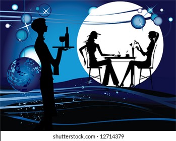 Two women in the cafe. Silhouette of the couple in the cafe, vector illustration