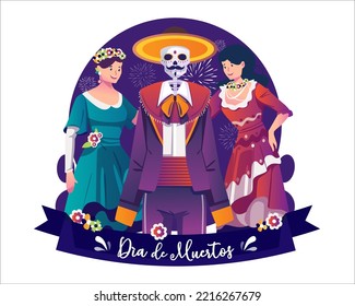 Dos mujeres con vestidos de Calavera, un esqueleto de Mariachi y un sombrero mexicano celebran el Día de los Muertos, Día de los Muertos. Ilustración vectorial en estilo plano