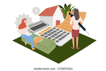 Two women calculate the financing of buying a house in installments modern flat cartoon design vector illustration.