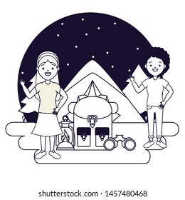 two women camping tent backpack lantern binoculars vector illustration