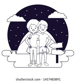 two women camping tent night stars vector illustration