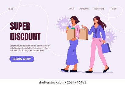 Two women carrying shopping bags, enjoying discounts. Promotional banner with modern design on a light background. Concept of sales and offers
