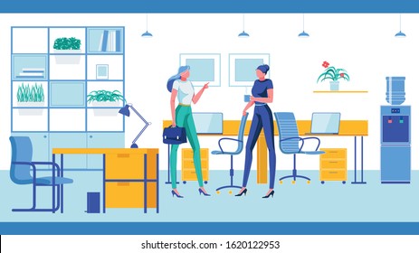 Two Women Cartoon Characters Talking or Discussing Work Problems and Plans during Rest Break in Office Interior. Cooperation and Partnership Working Comfortable Atmosphere. Flat Vector Illustration.