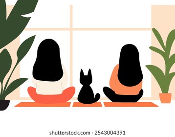 two women and a cat sitting on the floor in front of a window. minimalist vector graphic