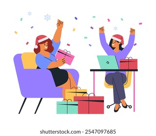 Two women celebrating Christmas exchanging gifts confetti snowflakes colorful office setting festive cheer digital design