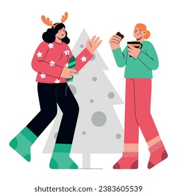 Two women celebrating Christmas with tea, cookies and firework. Flat vector minimalist illustration for winter holidays