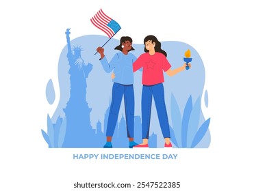 Two women celebrating Independence Day with a flag and torch. The Statue of Liberty is seen in the background. Vector illustration