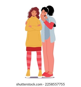 Two Women Characters Huddled Close, Whispering Secrets To Each Other, Share Gossip Or Confidential Conversation. Friendship, Gossip And Female Bonding Concept. Cartoon People Vector Illustration