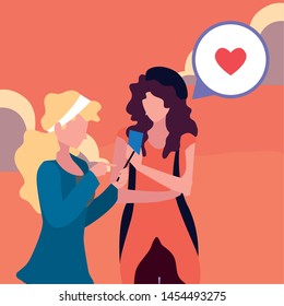 two women characters using smartphone