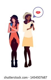 two women characters using smartphone