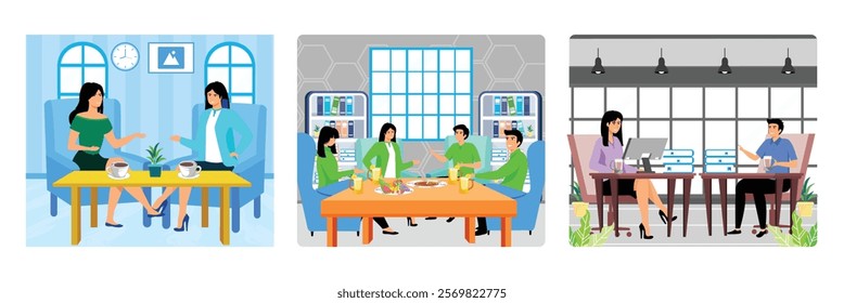 Two Women Chat While Drinking Coffee. Group Discussing Around a Table. Men and women at lunch break. Set flat vector modern illustration 